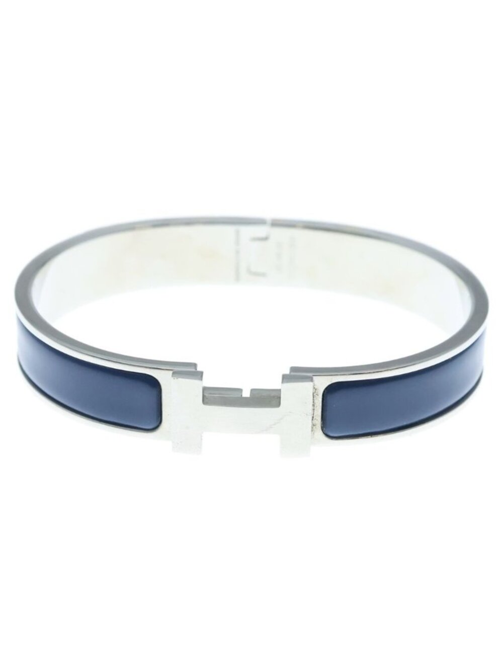 Hermes Clic H Logo Enamel Bangle Bracelet Silver Blue FI